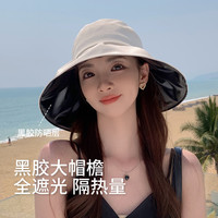 猫人防晒帽女士夏季黑胶防紫外线蝴蝶结渔夫帽遮脸大帽檐遮阳帽子 米色 均码(56-58)