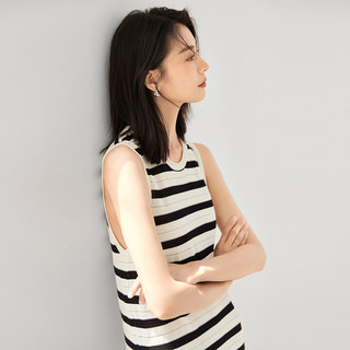 对白复古条纹无袖背心连衣裙女2025夏新款镂空设计感休闲中长裙子