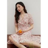 大码围裹式V领碎花裙短裙女高腰显瘦雪纺裙女飘逸茶歇A字裙