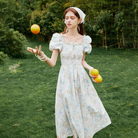 范思蓝恩法式方领浪漫度假感碎花连衣裙2024夏新款打揽裙子12525