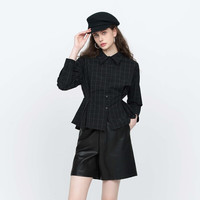 S.DEER圣迪奥2022春季休闲翻领撞色格纹长袖修身收腰衬衫女款S22180529 黑色/91 L/170