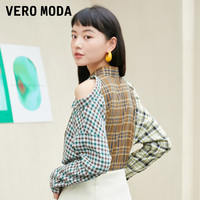 Vero Moda奥莱清仓冬季复古设计感格纹拼接肩部镂空纯棉衬衫女 155/76A/XS