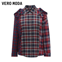 Vero Moda奥莱清仓冬季复古设计感格纹拼接肩部镂空纯棉衬衫女 160/80A/S