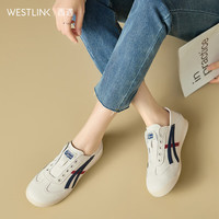 西遇一脚蹬德训鞋女2025春夏美式休闲鞋轻便平底板鞋 蓝+红色 39 (245)