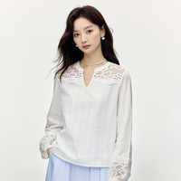 茵曼（INMAN）纯棉法式小V领长袖衬衣女2025春季新款镂空绣花泡泡袖衬衫