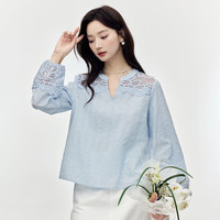茵曼（INMAN）纯棉法式小V领长袖衬衣女2025春季镂空绣花泡泡袖衬衫 海盐蓝 XL