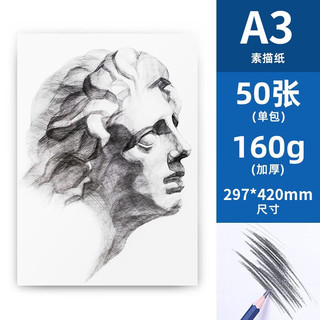 得力（deli） 素描纸水粉纸速写纸铅画纸水彩纸初学者 素描本彩铅纸绘画用纸 A3素描纸-160g-50张