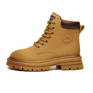 达芙妮牛皮厚底黄色马丁靴女款机车靴秋冬季加绒靴子短靴户外大黄靴 黄色加绒 37