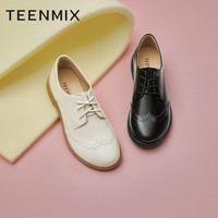 天美意英伦小皮鞋布洛克女系带平底单鞋子CCJ37AM3 黑色(宽版) 36