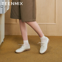 天美意英伦小皮鞋布洛克女系带平底单鞋子CCJ37AM3 米色 38