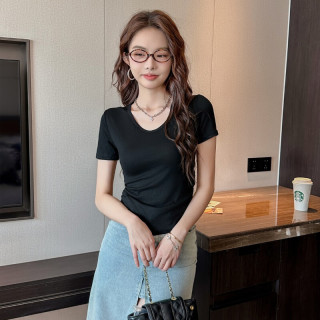 宝娜斯（BONAS）短袖T恤女宽松夏季女装纯色打底体恤鹅蛋U领上衣ins潮 灰色 均码 【80-105斤】