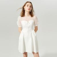 卓雅周末夏季高级感重工泡泡袖网纱拼接浮雕连衣裙