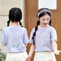 女童纯棉短袖T恤中大童运动衫2025夏季炫彩蝴蝶结上衣潮
