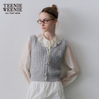 Teenie Weenie小熊女装春季简约休闲格雷系V领绞花毛针织背心马甲