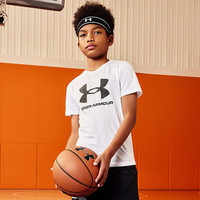 安德玛（Under Armour）儿童夏季短袖T恤透气舒适经典大LOGO运动上衣1363282 白色 150cm 