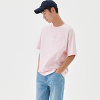 美特斯邦威字母假两件短袖t恤男装潮百搭夏季印花圆领男上衣 莲花粉 M 170 92A