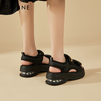 达芙妮（DAPHNE）凉鞋女厚底增高气垫休闲透气外穿沙滩鞋2024百搭软底魔术贴鞋 黑色6CM 39 