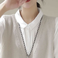 子牧棉麻 女韩版背心外穿V领针织镂空马甲宽松纯色坎夹上衣2312 米白色 均码（90-145斤）