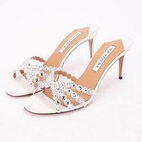 AQUAZZURA 秋冬一字带皮质镜面水钻高跟凉鞋301574