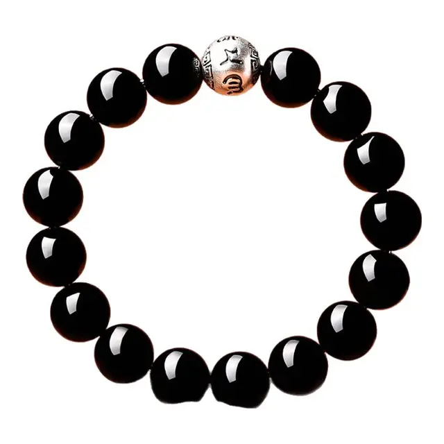 普陀山黑曜石手串女款银箴言乌金水晶手链男士转运珠情绪稳定