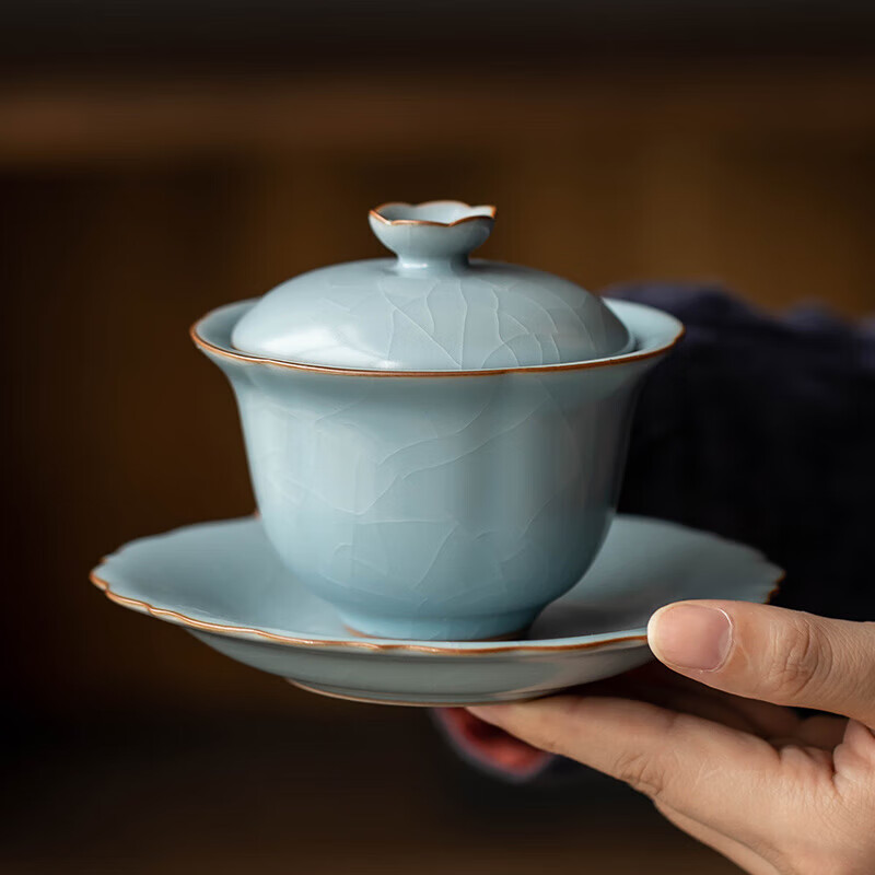 瓷牌茗茶具汝窑三才盖碗陶瓷大号泡茶碗茶杯开片可养功夫茶具套装
