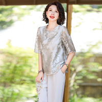 中年女式夏季薄款短袖圆领上衣+休闲裤两件套中老年气质套装