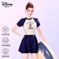 迪士尼泳衣女2025时尚连体裙式遮肚显瘦保守温泉大码游泳装 藏青蓝【卡码拍大】 XL 【适合110斤-120斤】