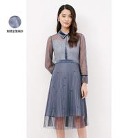 春秋季时尚中长款蕾丝百褶裙丝绒拼接连衣裙裙子女