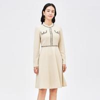 秋季撞色木耳花边圆领收腰中长款长袖连衣裙
