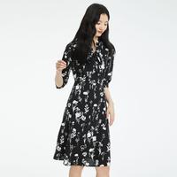 春款连衣裙女优雅系带领印花雪纺通勤百搭连衣裙女