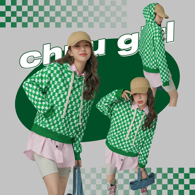 chuu 棋盘格连帽长袖卫衣女春秋小个子绿色宽松上衣