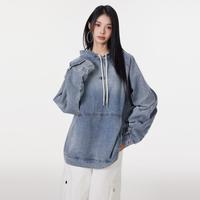 甜酷高街牛仔连帽卫衣女复古水洗美式插肩袖休闲宽松上衣