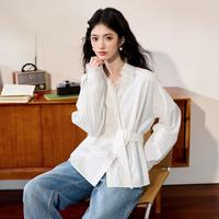2025春季上衣女高级感女式衬衫条纹拼接系带款设计感衬衣