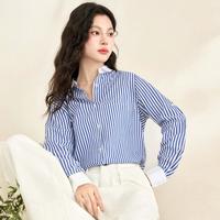 2024秋冬休闲翻领蓝白条纹衬衫女长袖OL通勤气质百搭上衣