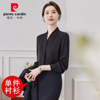 皮尔卡丹白色V领衬衫女夏季西装内搭打底上衣职业面试正装短袖雪纺衬衣女 长袖8502黑色衬衫 3XL