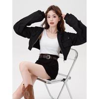 美式复古工装短款外套女春季设计感抽绳薄款长袖遮阳外套女