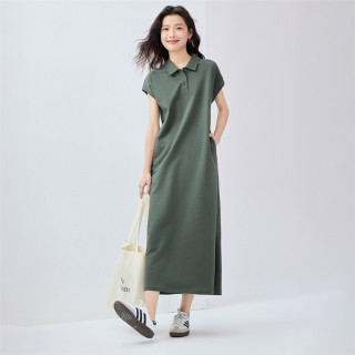2025年夏季纯棉开叉下摆连袖直筒显瘦针织POLO连衣裙女款