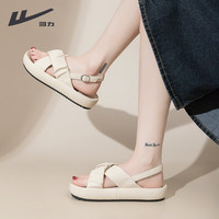 回力女鞋凉鞋2024夏季女士时尚休闲百搭厚底一字带外穿沙滩鞋子女 米白色 40