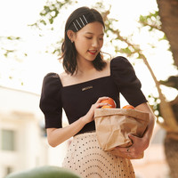 初夏方领泡泡袖短款短袖衬衫女