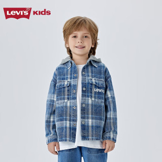 LEVI'S 李维斯童装男童衬衫长袖连帽格子上衣儿童春秋外套 日全食黑 【蓝白格子】 160 /80 【身高158-170cm】
