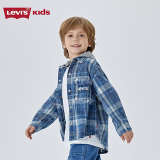 LEVI'S 李维斯童装男童衬衫长袖连帽格子上衣儿童春秋外套 日全食黑 【蓝白格子】 160 /80 【身高158-170cm】