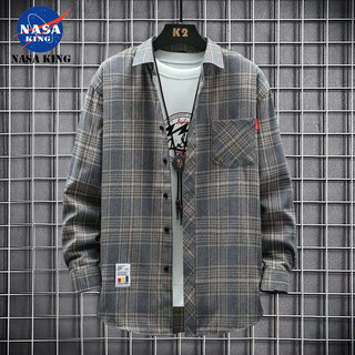 NASA KINGNASAKING2025春季格子衬衫长袖宽松休闲日系穿搭男装衣服 灰色 XL (175)