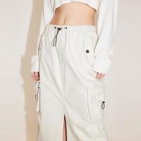 牛仔半裙抽绳开衩松紧腰复古工装风口袋女士