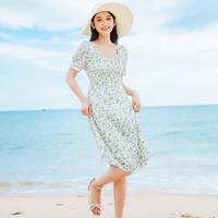 春夏碎花收腰连衣裙甜美淑女风休闲U领短袖A字裙
