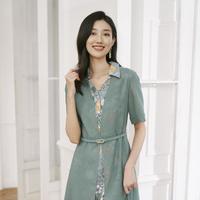 【腰带不送】春秋季短袖轻薄透气印花收腰OL风优雅连衣裙女