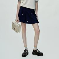 小熊水晶花朵装饰百褶裙少女心高腰A字半身裙短裙女