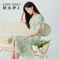 秋水伊人法式V领印花连衣裙夏季雪纺荷叶边裙子淑女气质连衣裙女 花料