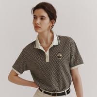 Polo衫小熊女装2024款夏装复古菱形格提花Polo衫短袖T恤