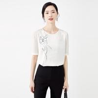 夏季气质淑女花卉图案圆领短袖百搭高级感衬衫上衣