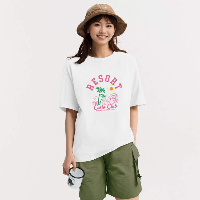 爱肯 夏季女士纯棉T恤运动宽松上衣亲肤针织衫100%棉透气吸汗显瘦